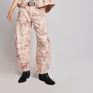 Free People Good Luck Barrel Jean Wild West Cream/Taupe Printed Jeans - Size 24
